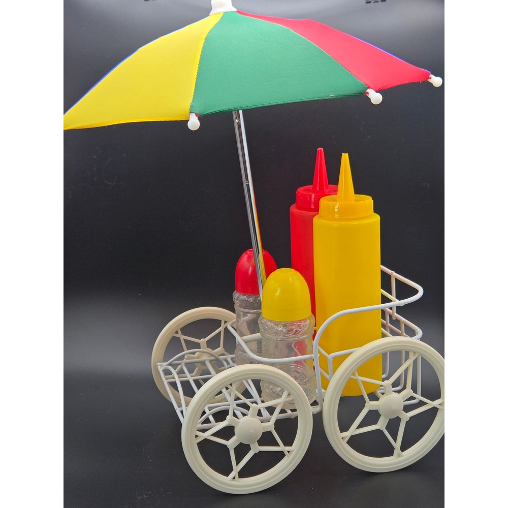 Vintage 6-Piece Condiment Set Picnic Umbrella Cart Ketchup Mustard Shakers w/Box